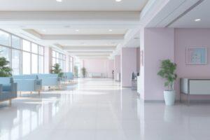Geräumige Büroräume: langer, heller und luftiger, minimalistischer Flur mit pastellrosa und mintgrünen Details, Krankenhaus-Wartezimmer oder Empfangsambiente
