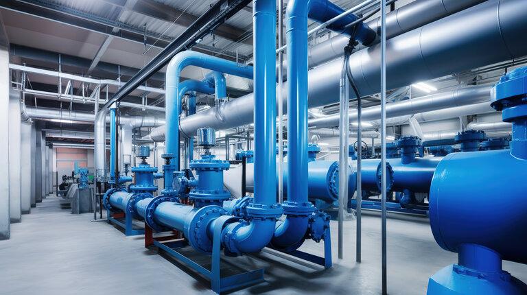 Großer industrieller Kesselraum und Wasseraufbereitungsanlage, blaue Pumpen, glänzende rostfreie Metallrohre und Ventile.