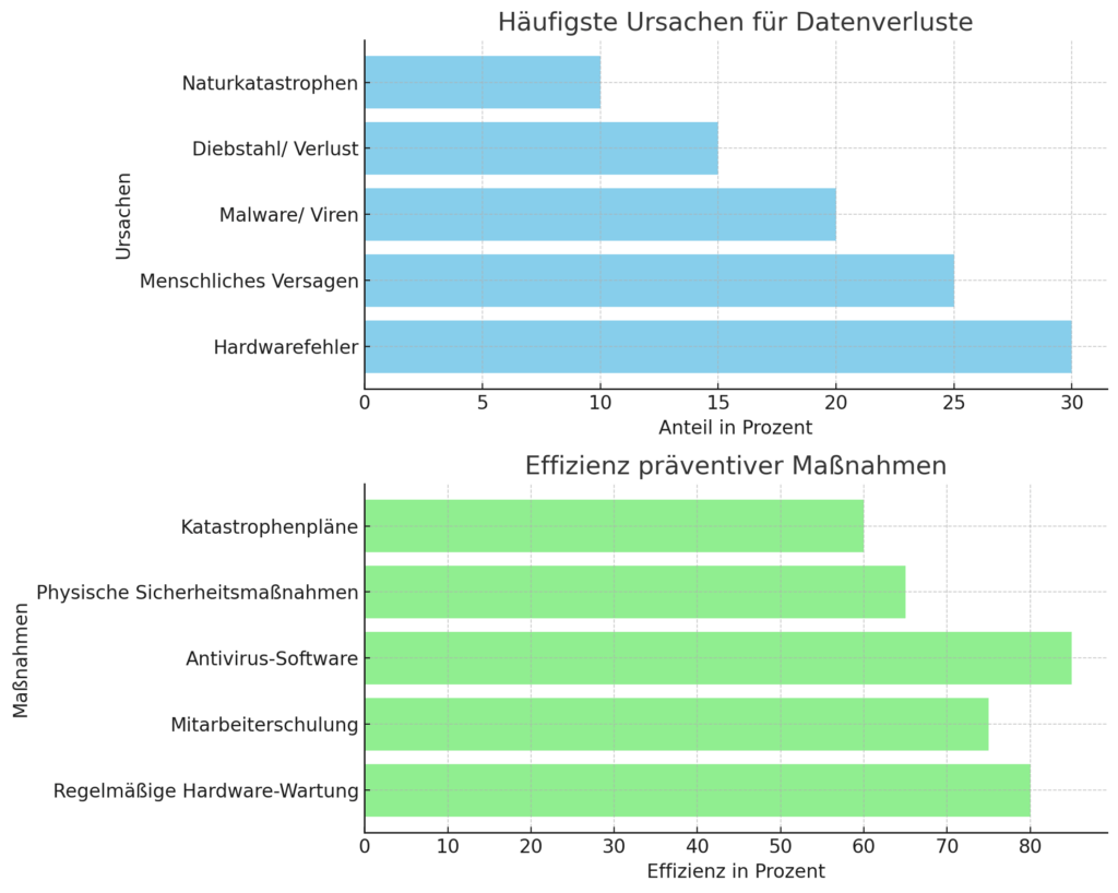 Diagramm, das die häufigsten Ursachen für Datenverluste (Hardwarefehler, menschliches Versagen, Malware/Viren, Diebstahl/Verlust, Naturkatastrophen) und die Effizienz präventiver Maßnahmen darstellt.