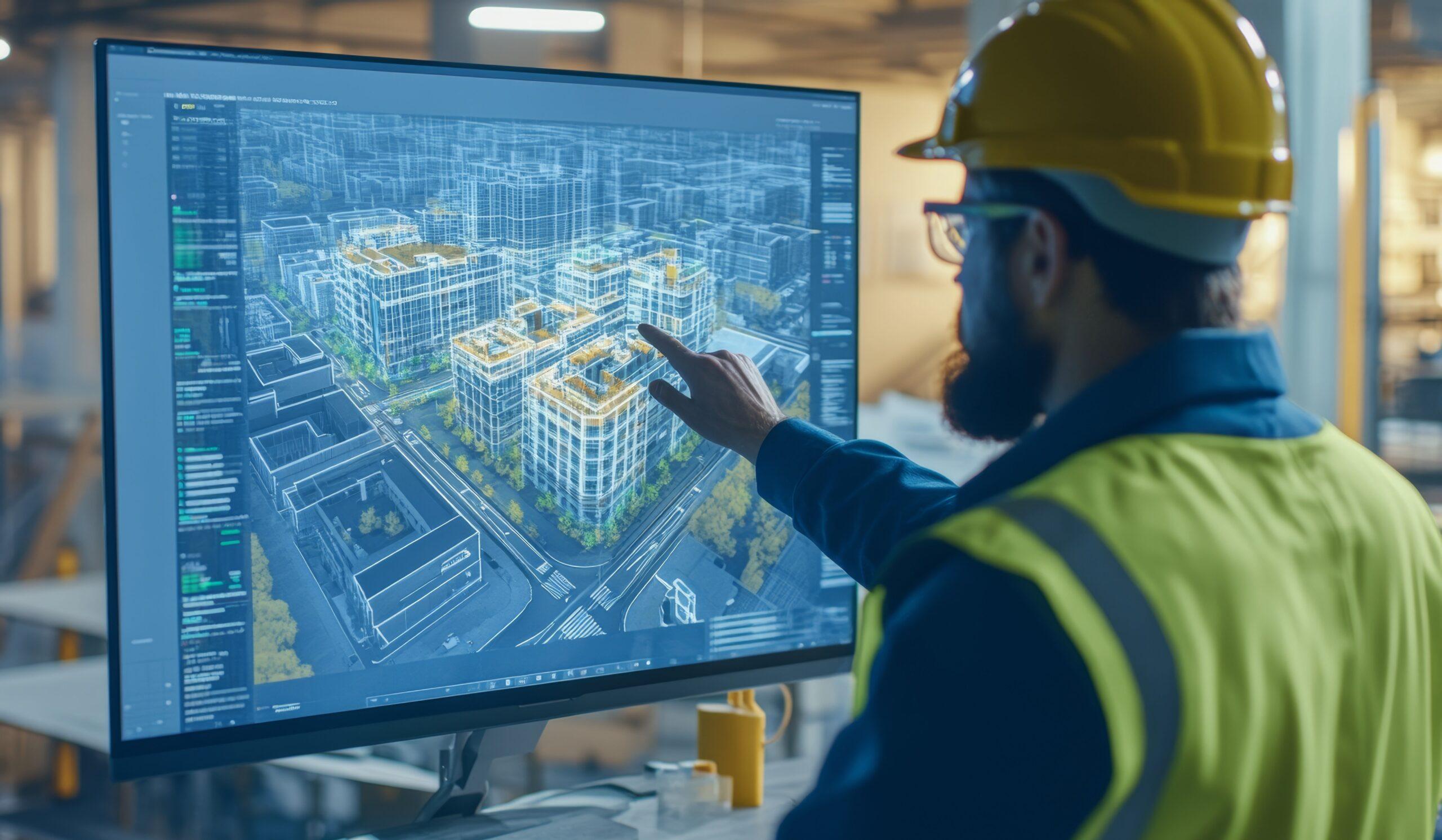 Ingenieur arbeitet mit BIM und fortschrittlicher Modellierungssoftware an einem Bauprojekt für digitale Zwillinge mit BIM und fortschrittlicher Modellierungssoftware zusammen