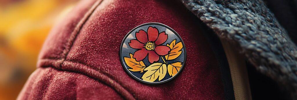 Runder Ansteckbutton mit rotem Blumenmotiv auf einer Jacke – kreative Buttons selbst gestalten für individuelle Looks