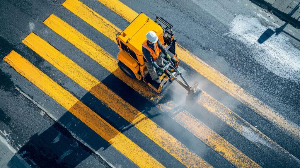 Arbeiter bringt mit Maschine gelbe Bodenmarkierung auf Asphalt auf