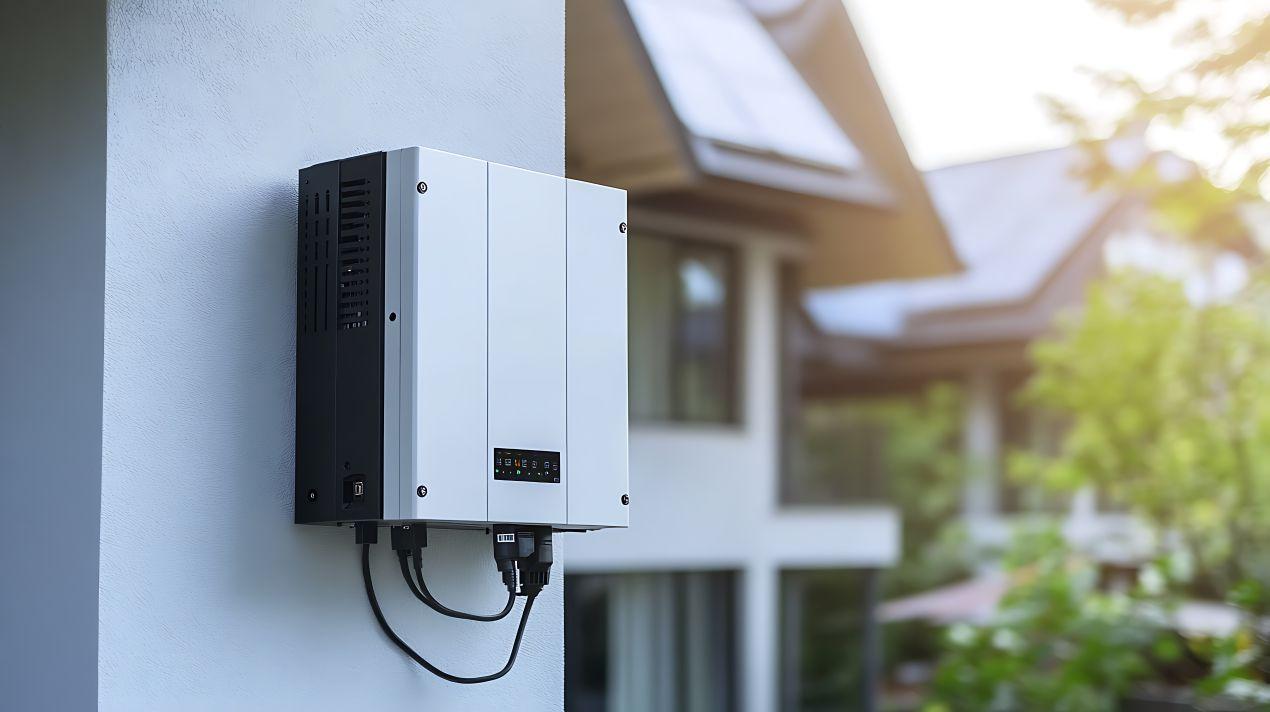 Wechselrichter an einer modernen Hauswand, ideal für effiziente Solarsysteme mit Sunny Tripower smart energy