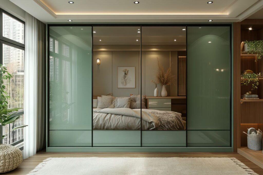 Schlafzimmer mit deckenhohem Kleiderschrank mit Spiegel und glaenzender Front in Gruenton