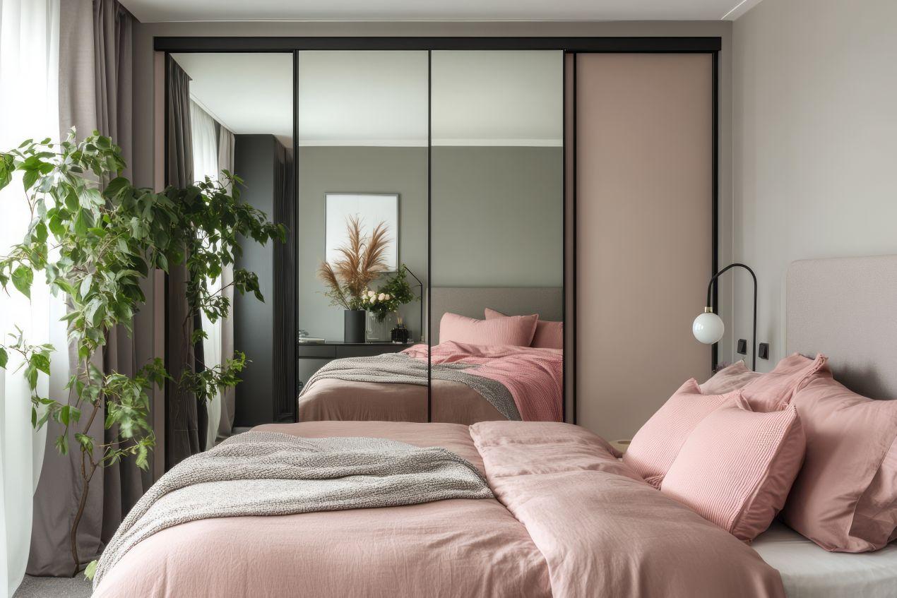 Modernes Schlafzimmer mit Kleiderschrank mit Spiegel und rosa Bettwaesche neben Zimmerpflanze