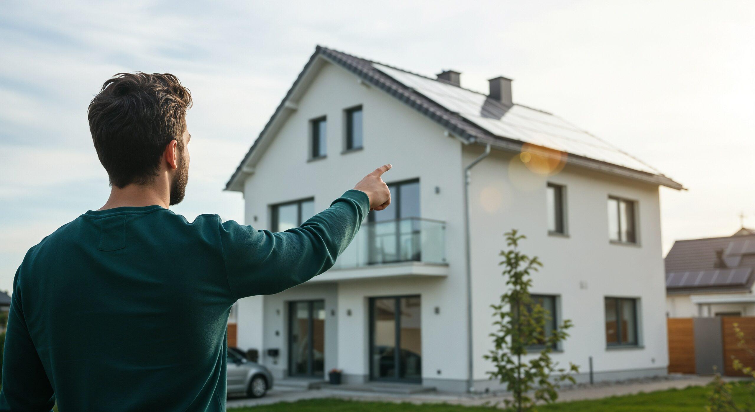 Mann zeigt auf modernes Einfamilienhaus mit Solaranlage auf dem Dach, symbolisiert optimale Energieeffizienz mit Sunny Tripower smart energy