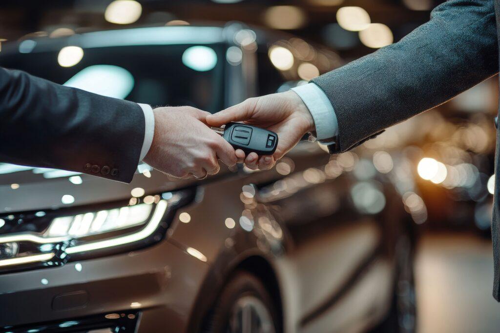 Kaufe ein gebrauchtes Auto oder das Konzept, ein Auto zu mieten. Nahaufnahme der Hand eines Gebrauchtwagenverkäufers, der einem Kunden den Autoschlüssel übergibt.