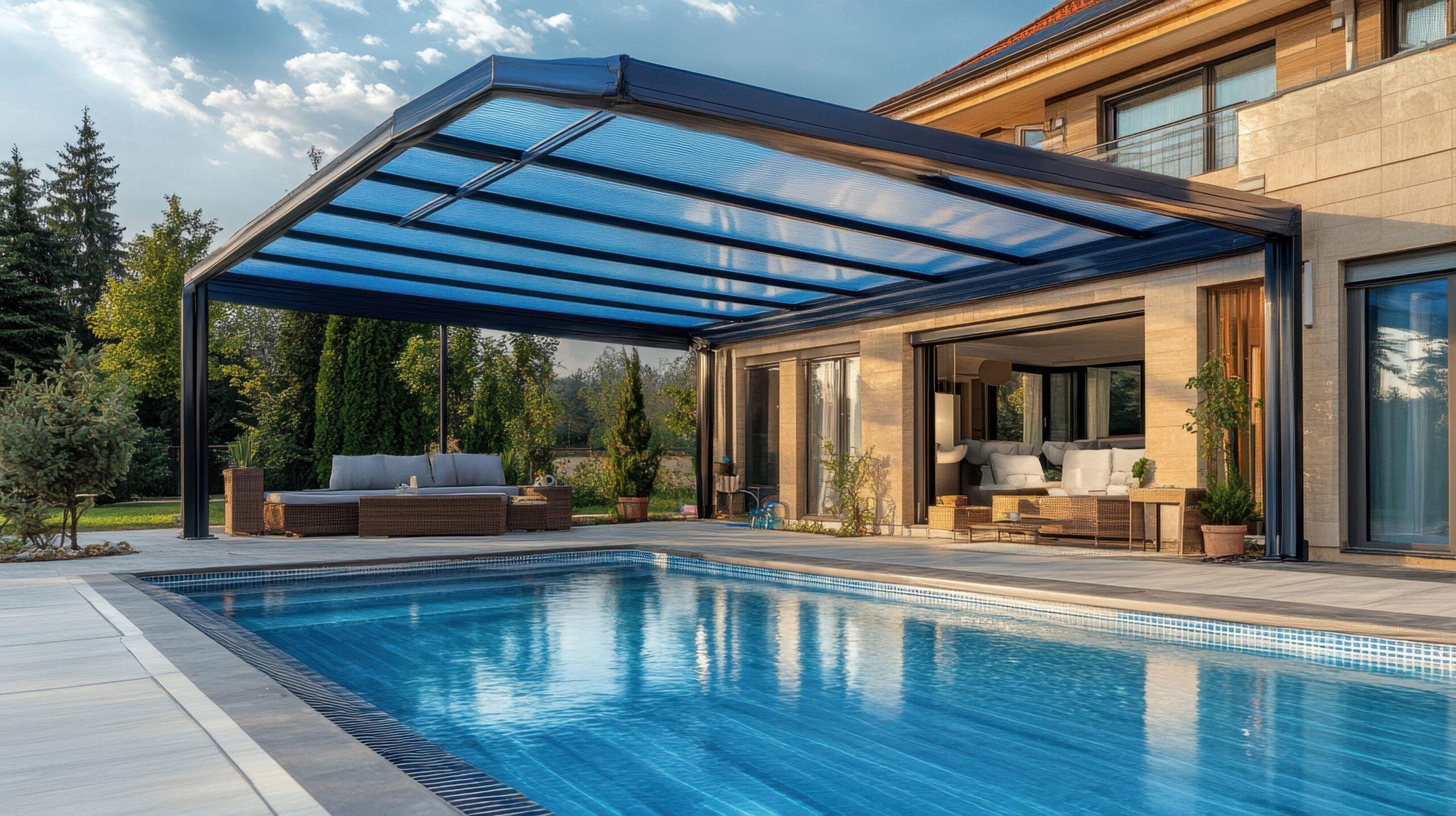 Exklusive Pool Überdachung an einer modernen Villa mit überdachtem Sitzbereich im Garten