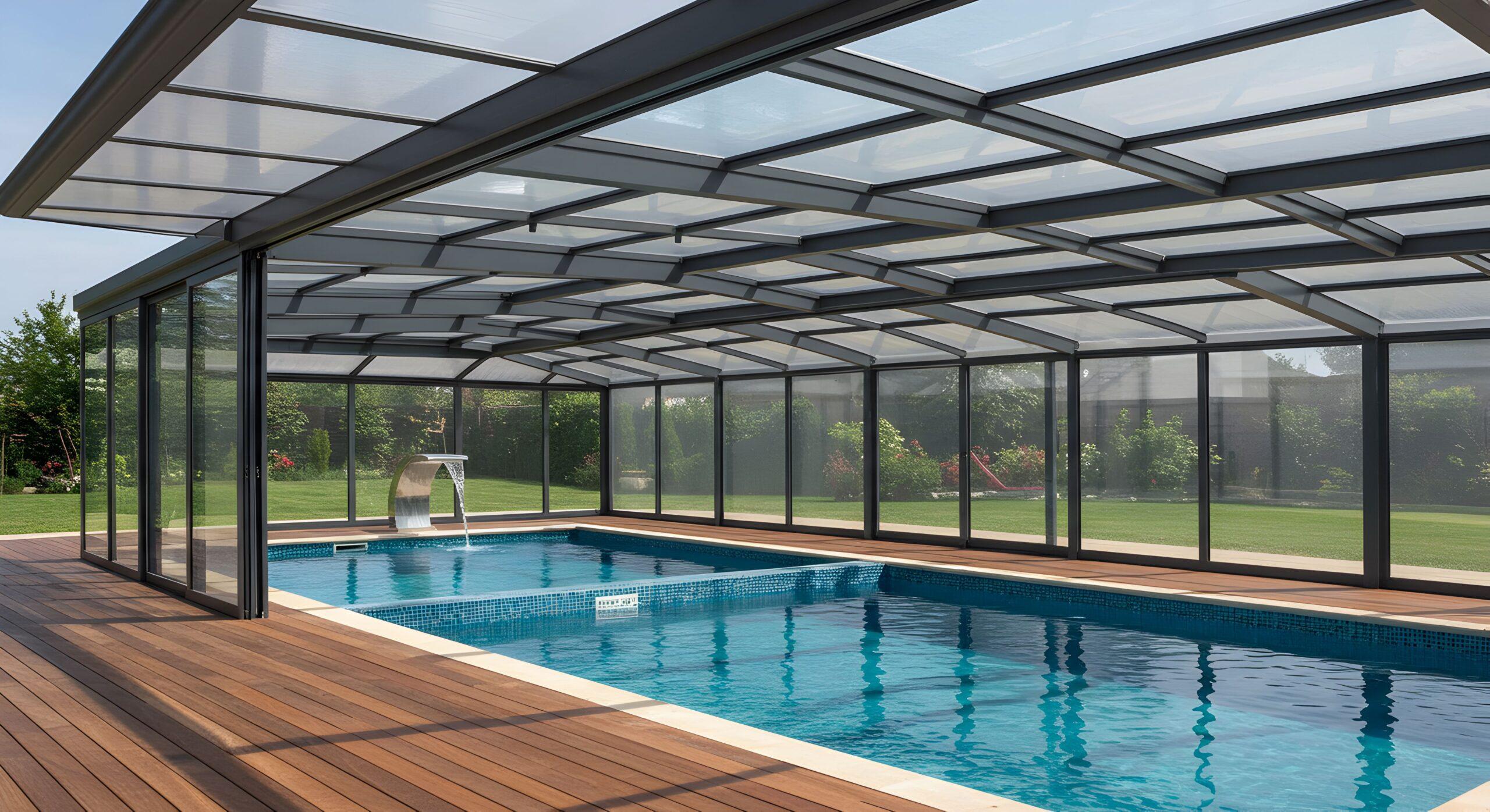Große, moderne Pool Überdachung mit Glaswänden und Holzdeck in einem gepflegten Garten