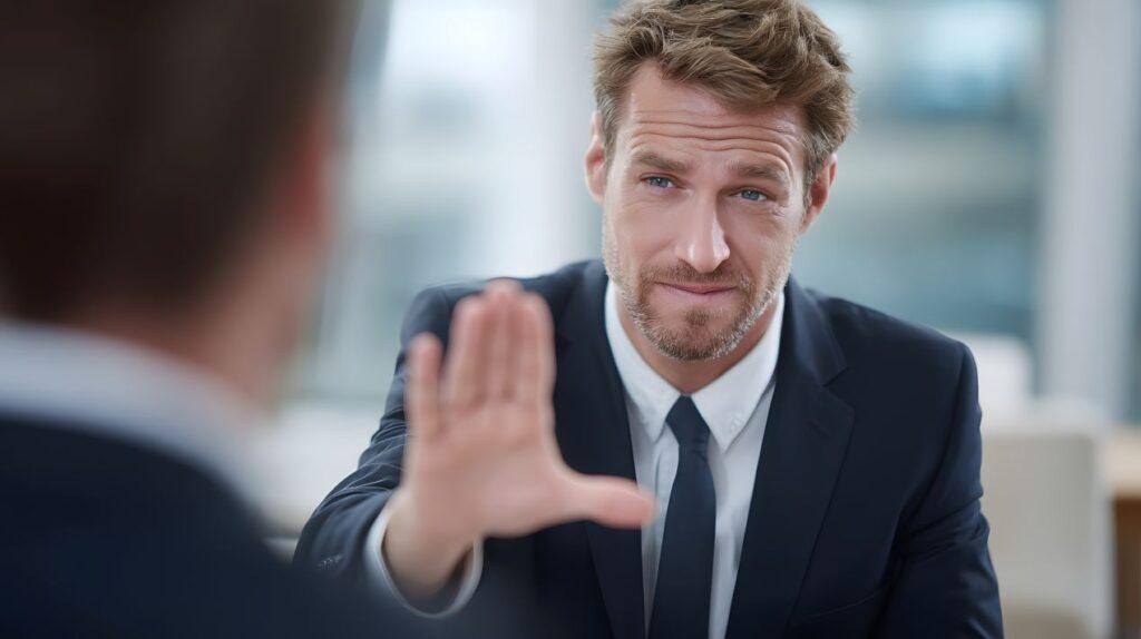 Businessmann in Anzug hebt abwehrend die Hand waehrend einer hitzigen Diskussion über einkauf verhandlungsstrategien