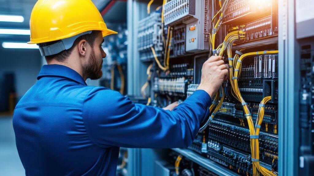 Techniker prüft Kabelkonfektion und Verkabelung in einem Industrieschaltschrank