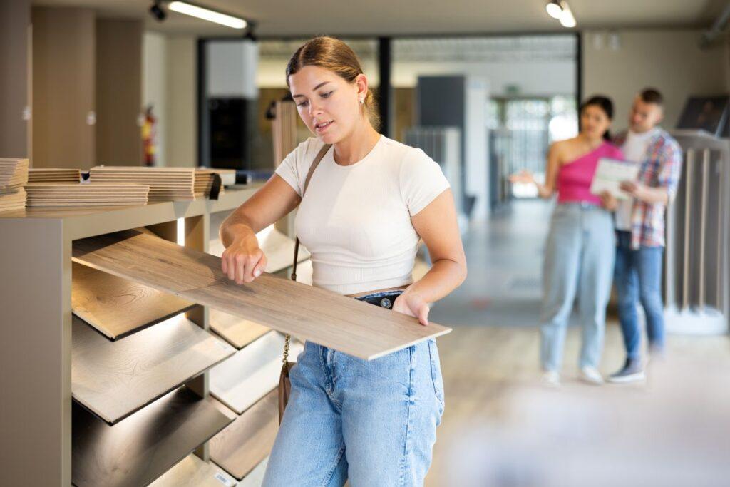 Frau prüft ein Bodenmuster im Fachhandel – bewusst Klick Vinyl kaufen und vergleichen