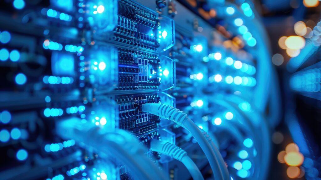 Aktive Serveranschlüsse mit Kabeln und LEDs | LWL Stecker