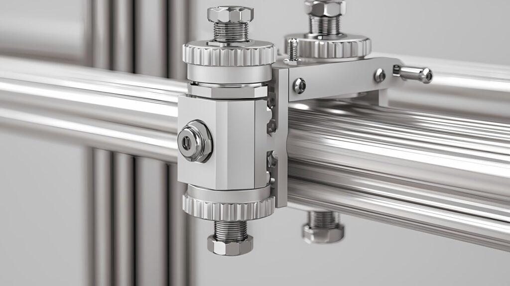 Detailaufnahme einer metallischen Spannvorrichtung mit Schrauben und Klemmen fuer praezisen Vorrichtungsbau