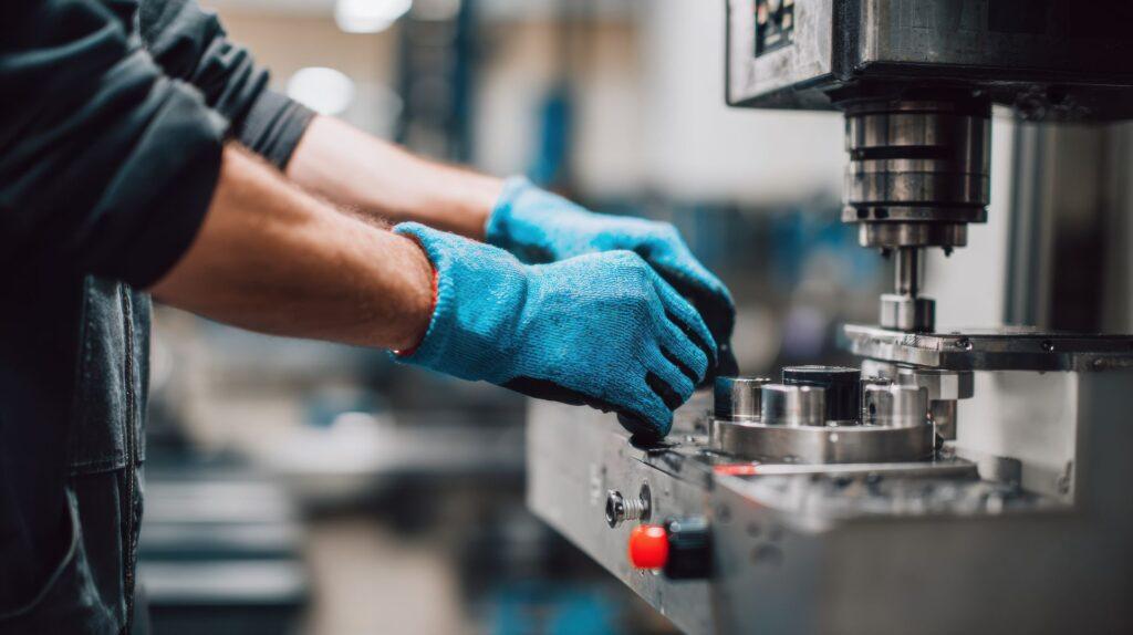 Arbeiter mit blauen Handschuhen richtet Werkstueck in Vorrichtung einer CNC Maschine fuer die Fertigung ein