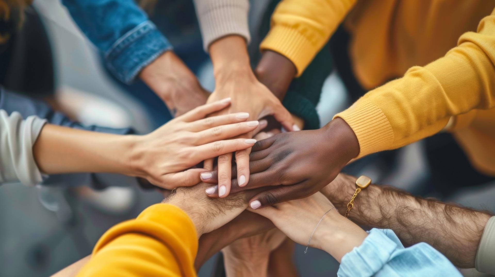 Mehrere Hände liegen übereinander im Teamkreis | Bierbankgarnitur