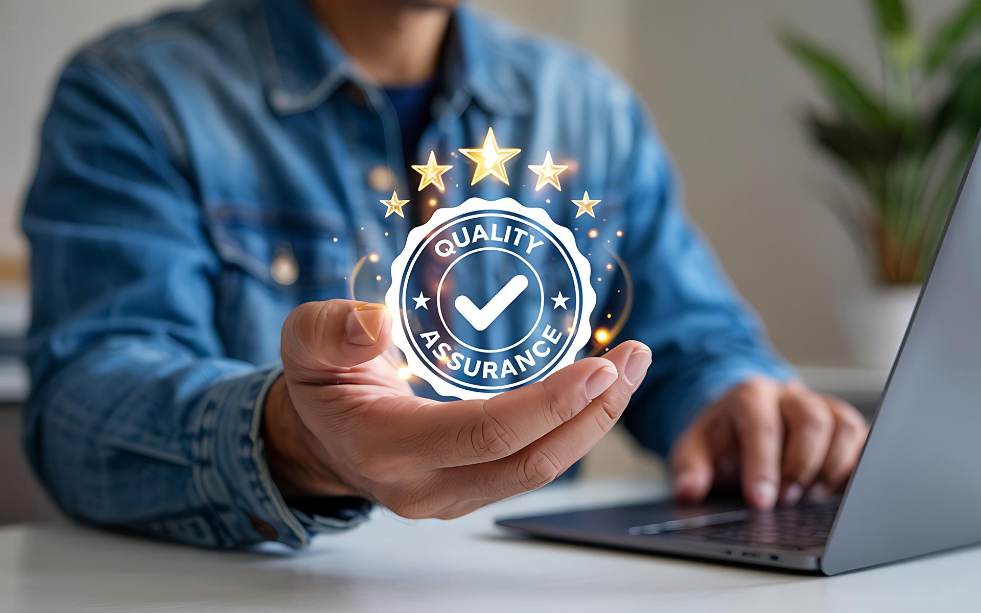 Hand präsentiert digitales Qualitätssiegel im Büro | Vorrichtungsbau