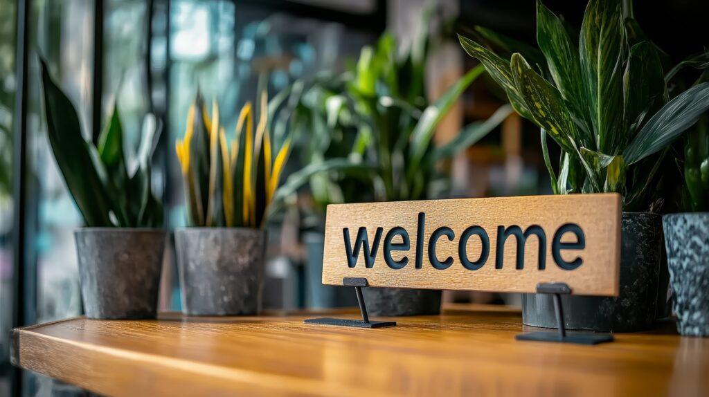 Welcome-Schild im Büro zwischen Pflanzen | Rollcontainer Schreibtisch