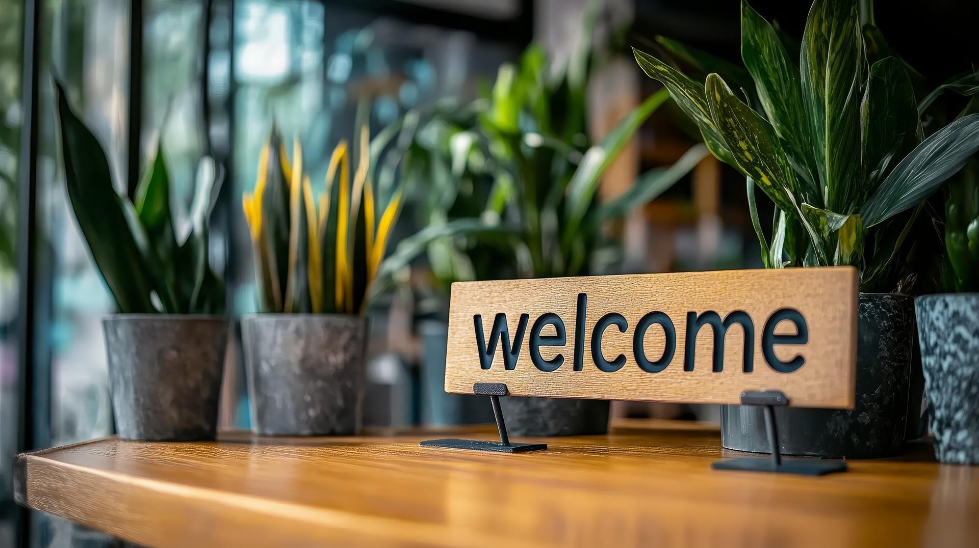Welcome-Schild im Büro zwischen Pflanzen | Rollcontainer Schreibtisch